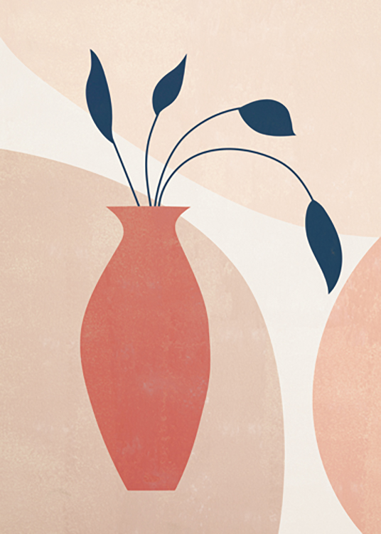  – Graphic illustration of a red, tall pot with leaves in it, against a beige background with large shapes