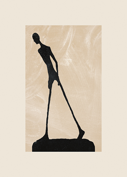  – Graphic illustration of a black sculpture with thin legs against a beige background with white, patchy details