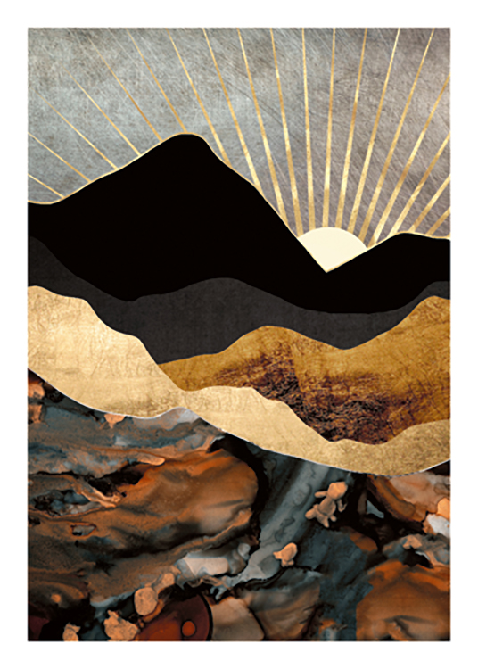  – Graphic illustration of gold and black mountains with a golden sunset in the background