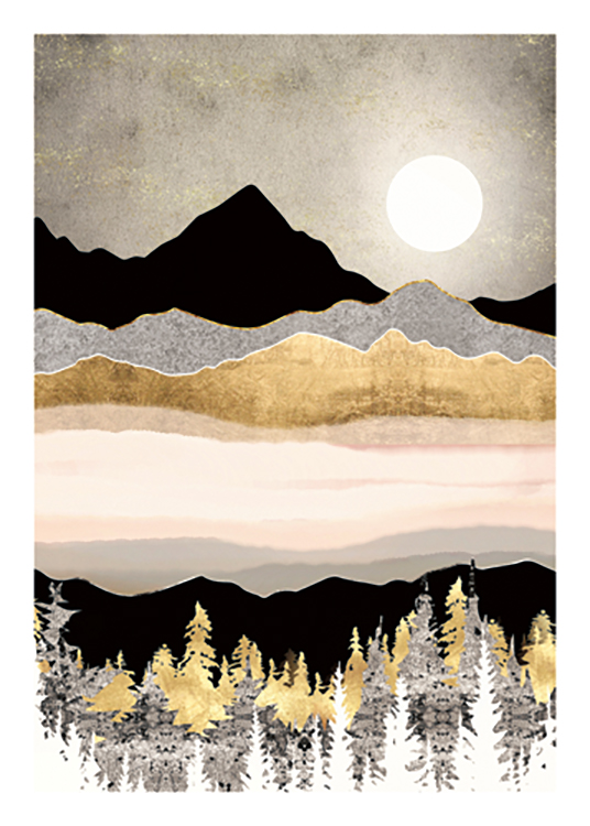 – Graphic illustration of a winter landscape in grey, gold and black with a white moon in the background
