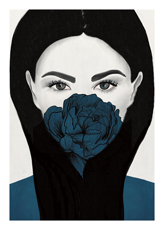  – Drawing of a woman with a blue peony covering her mouth, on a light grey background