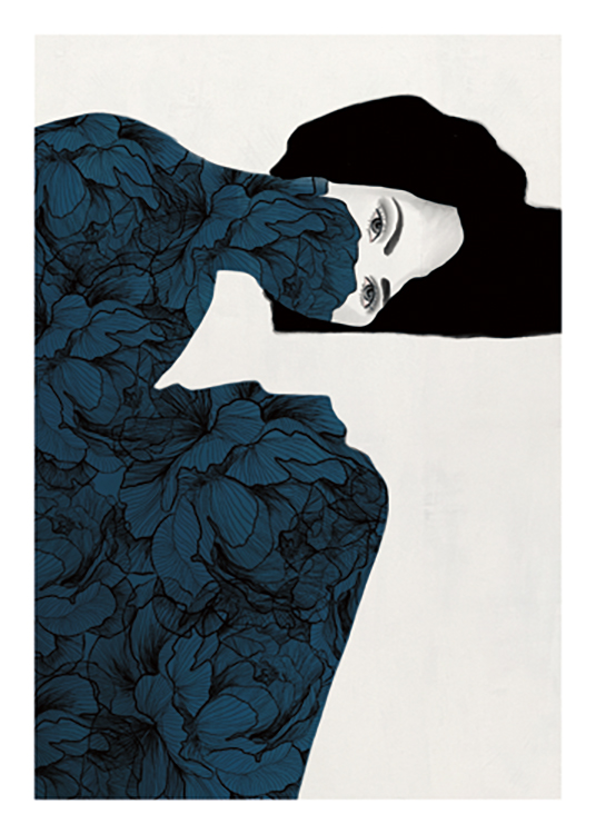  – Drawing of a woman covered by blue peonies against a light grey background
