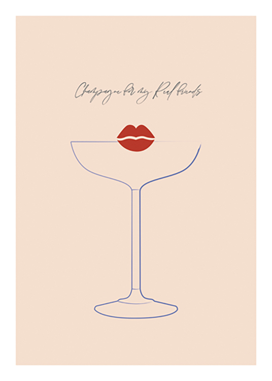  – Illustration of red lips and a blue martini glass with text above it, against a beige background
