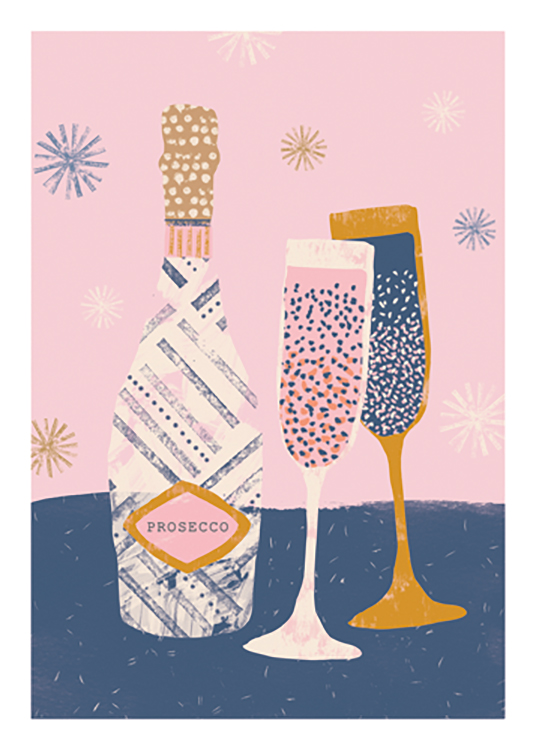 – Graphic illustration of a pair of glasses and a Prosecco bottle in pink, blue and gold