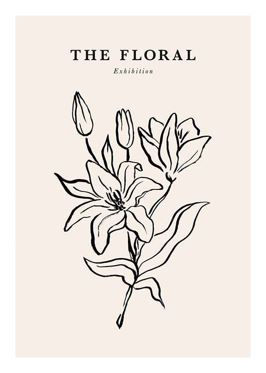  – Flowers drawn in black lines on a light beige background with text at the top