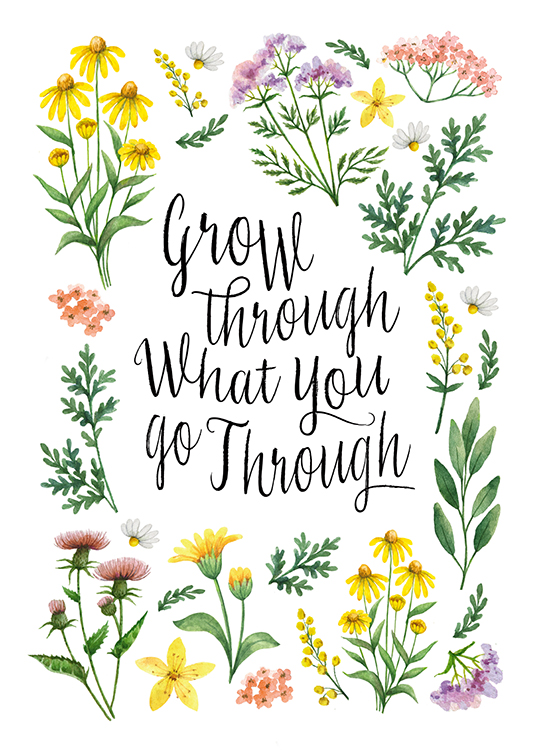  – Illustration with a bunch of colorful flowers with black text in the middle