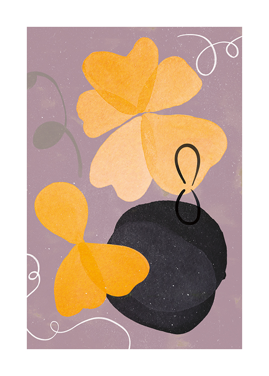  – Abstract illustration with yellow and black flowers on a purple background