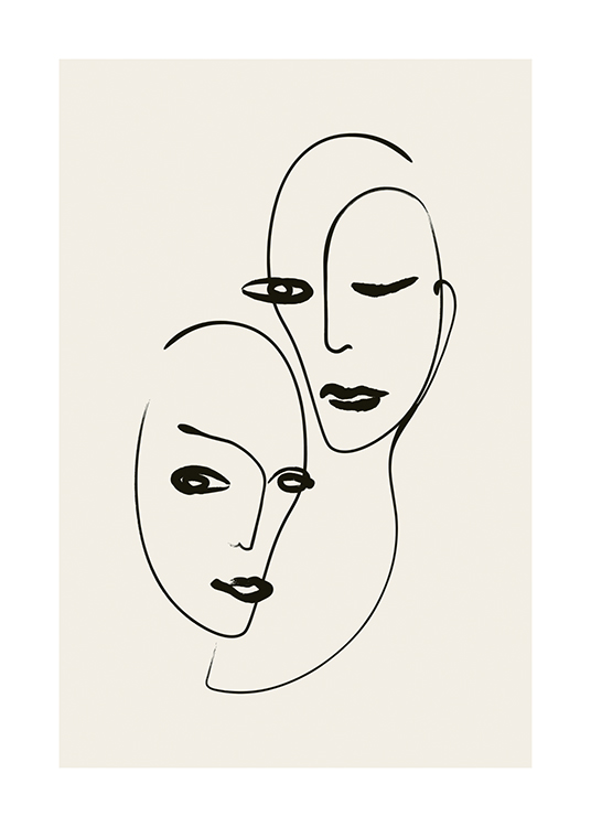  – Illustration with abstract faces drawn in black line art on a light beige background