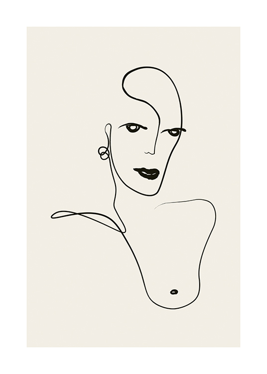  – Illustration with an abstract face and breast in black line art on a light beige background