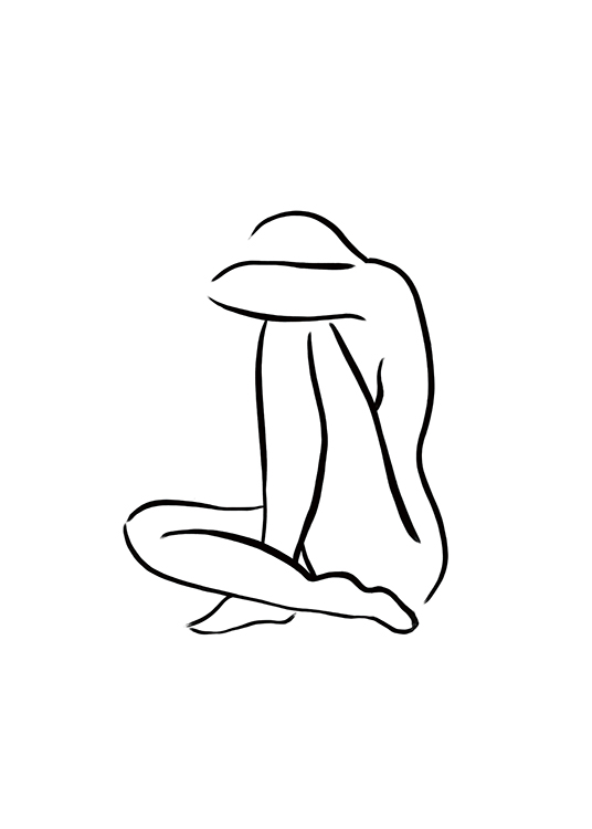  – Illustration in line art with a naked woman sitting down, in black on a white background