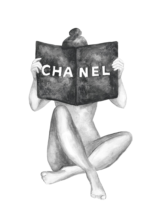  – Illustration in grey watercolor of a naked woman holding a Chanel book in front of her
