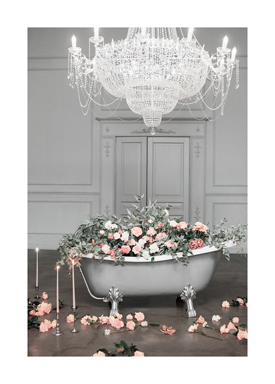  – Photograph of roses and leaves in a bathtub, in a room with a chandelier