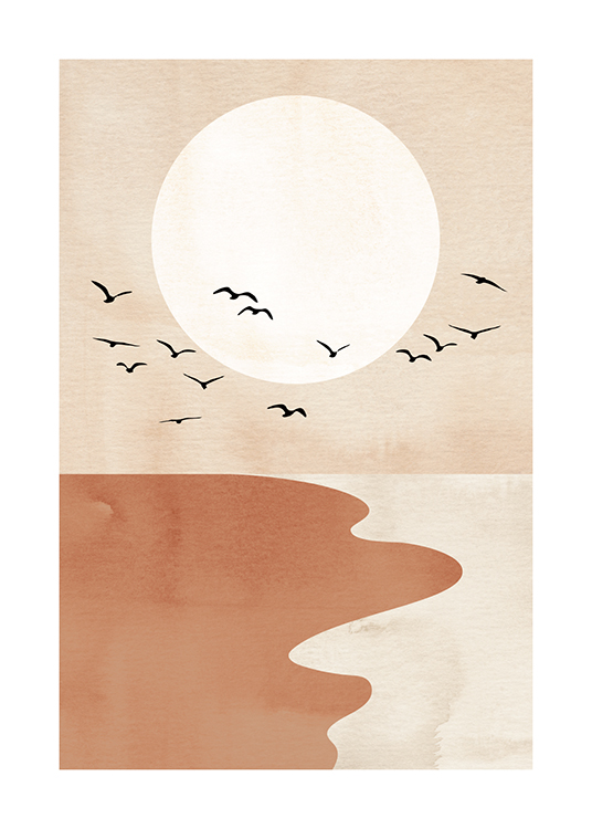 – Graphic illustration with a red and beige beach, black birds and a light beige circle