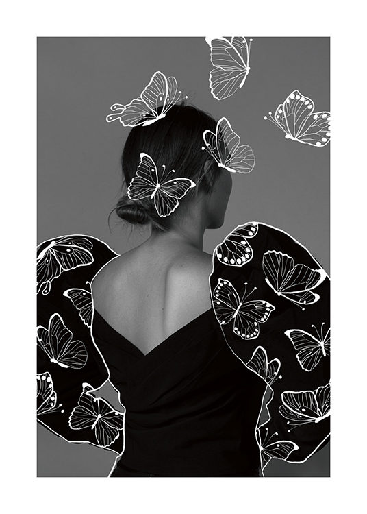  – Black and white photograph of a woman from behind, covered with white, illustrated butterflies