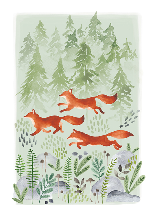  – Illustration in watercolor of foxes surrounded by trees and rocks, on a green background