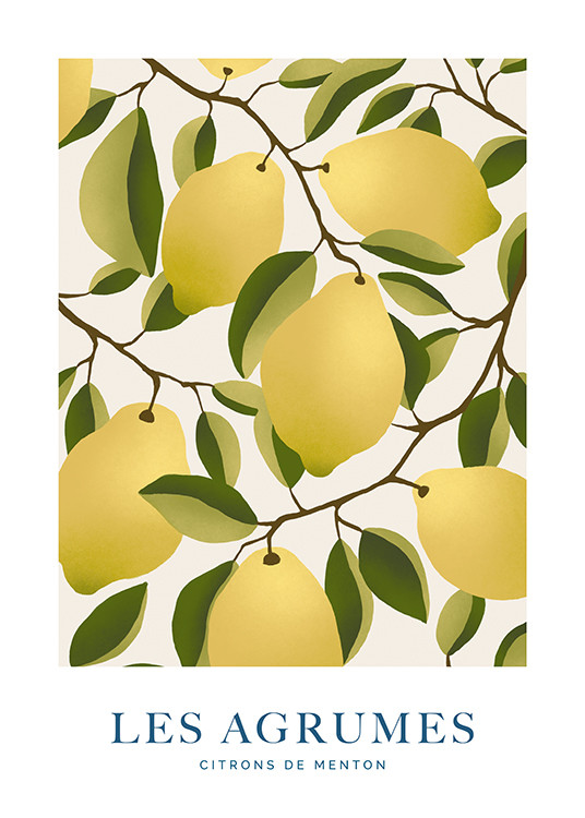  – Illustration of branches with lemons and leaves on a light beige background
