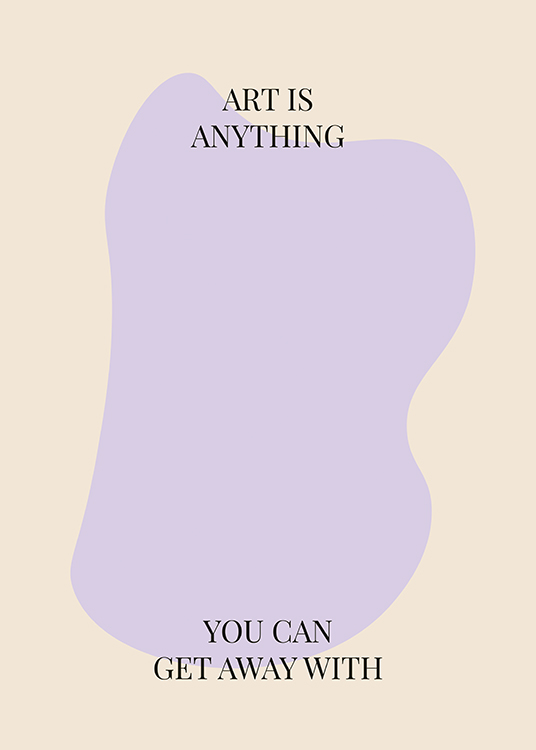  – Graphic illustration with an abstract shape in purple on a beige background with text at the top and bottom