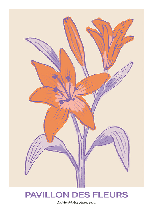  – Drawing of colorful lilies with light brown petals and lilac leaves on a beige background