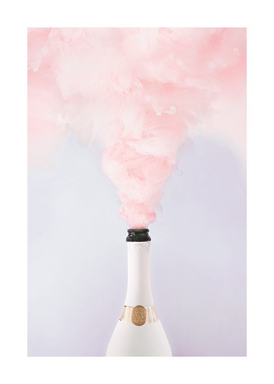  – Photograph of a white champagne bottle with pink smoke coming out of it