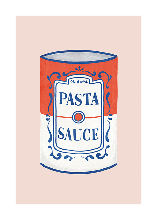  – Illustration of a pasta sauce can in red and white with blue details, against a pink background