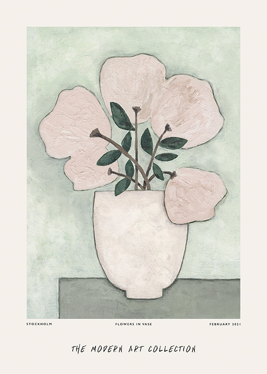  – Painting of a vase with dusty pink flowers on a green background with text at the bottom
