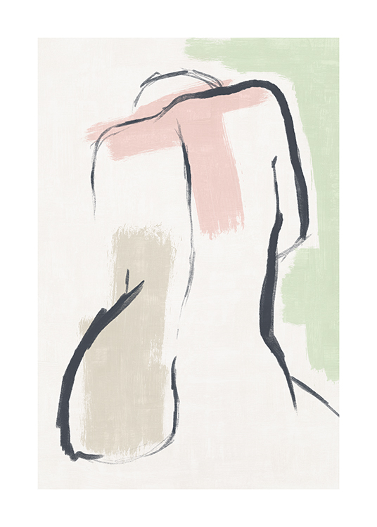  – Illustration of an abstract, naked back with details in beige, pink and green on a light background