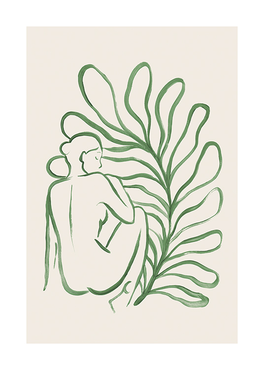  – Illustration of a large leaf behind a naked woman drawn in green against a beige background