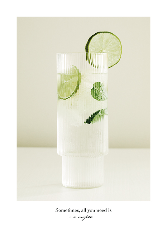  – Photograph of a mojito in a tall glass with limes, and text underneath the image