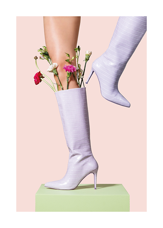  – Photograph of a woman with flowers sticking up of her lilac boots with high heels