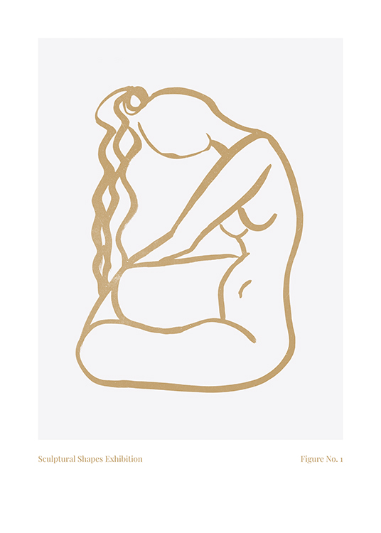  – Line art illustration in beige of a naked woman sitting down against a light grey background