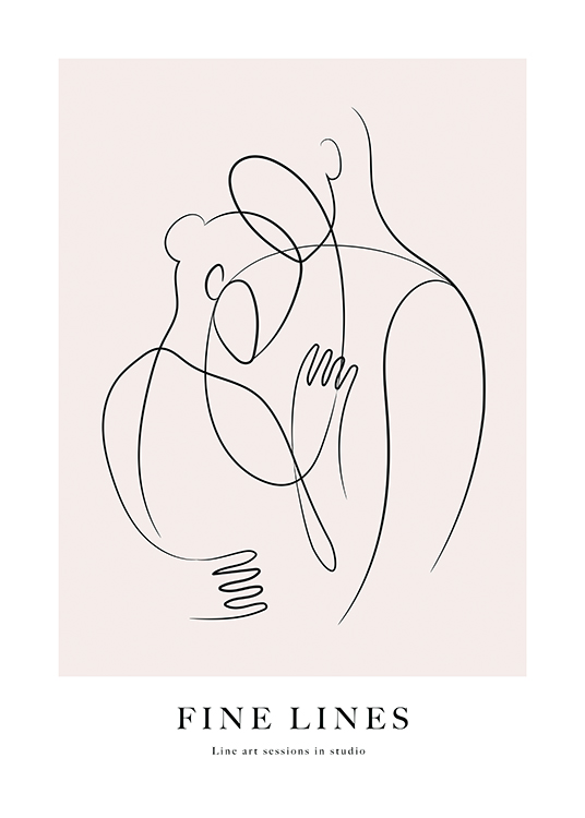  – Illustration in black line art of two people embracing, on a dusty pink background