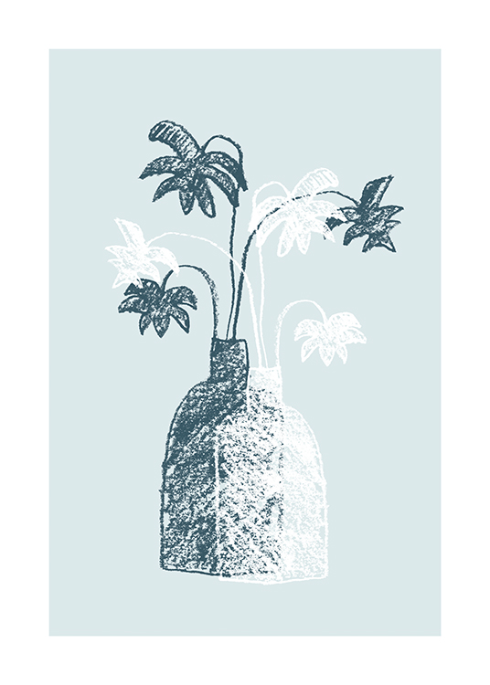  – Illustration of a pair of blue and white vases with palm leaves in them