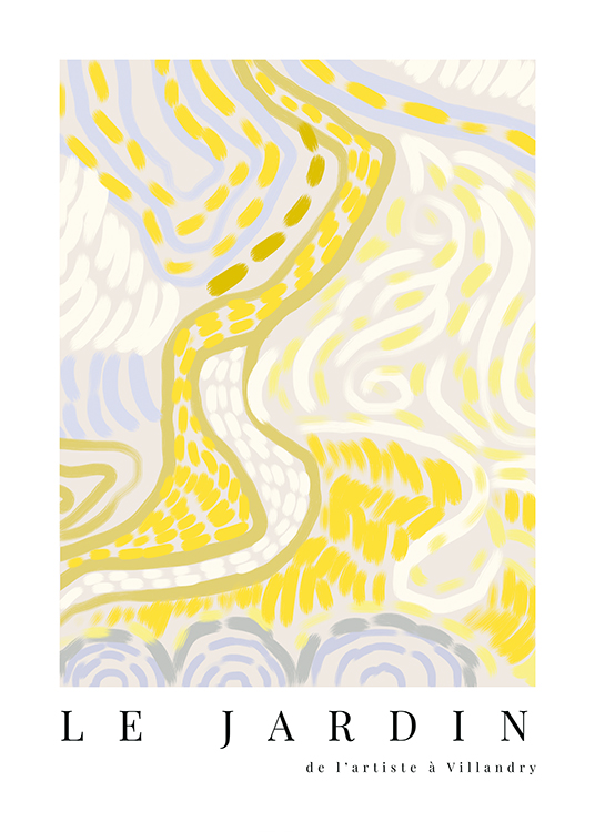  – Abstract painting with a pattern in white, yellow, blue and green with text underneath
