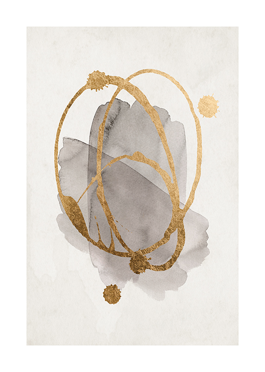  – Painting in watercolor with splattered gold on grey shapes, against a light background