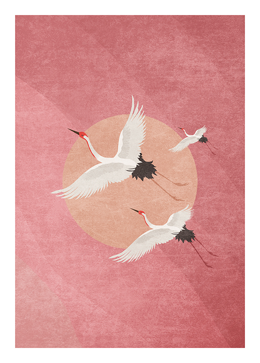 – Graphic illustration with a group of cranes flying, against a pink background with a light peach circle