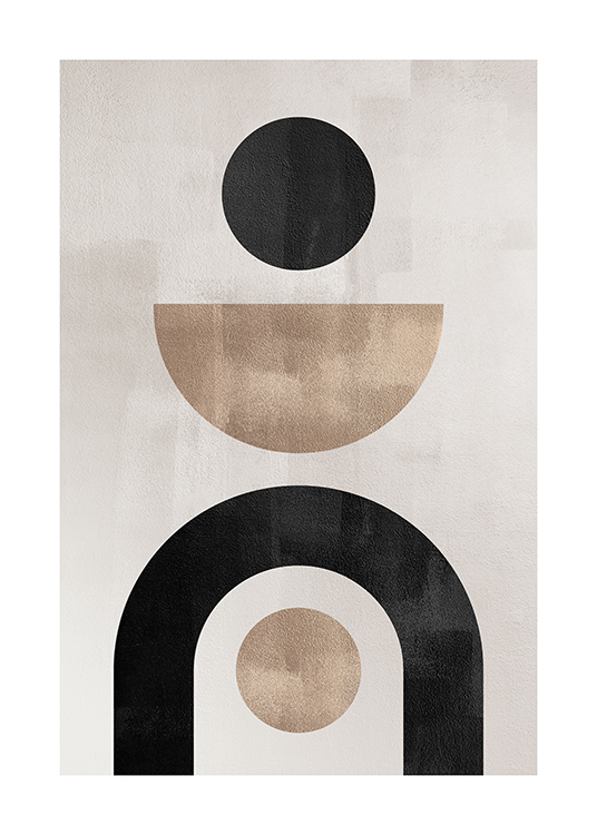  – Graphic illustration with geometric shapes in beige and black on a grey-beige background