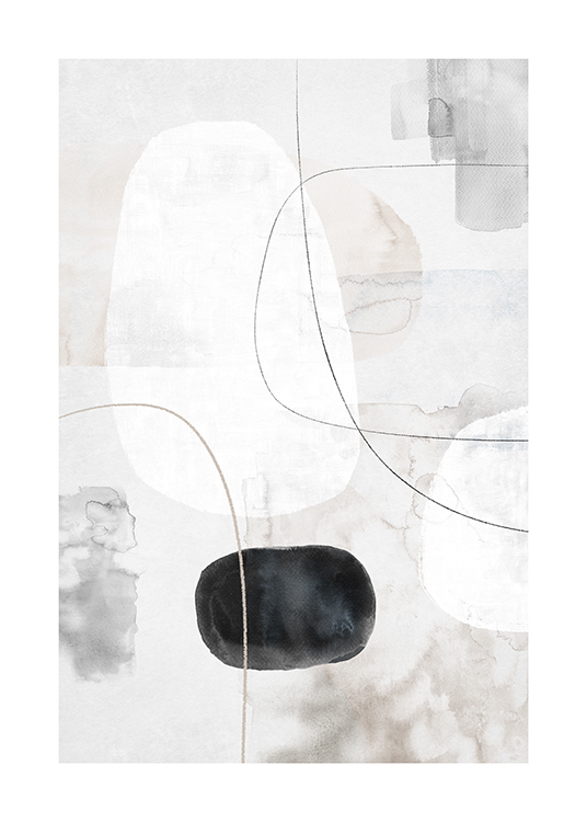  – Watercolor painting with lines and shapes in black and white against a light grey background