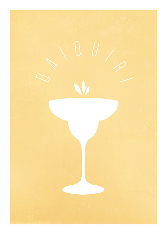  – Graphic illustration of a cocktail glass and text in white on a yellow background