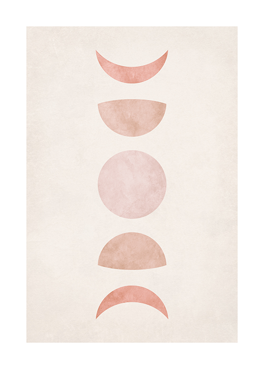  – Graphic illustration with moons and half-moons in pink on a light beige background