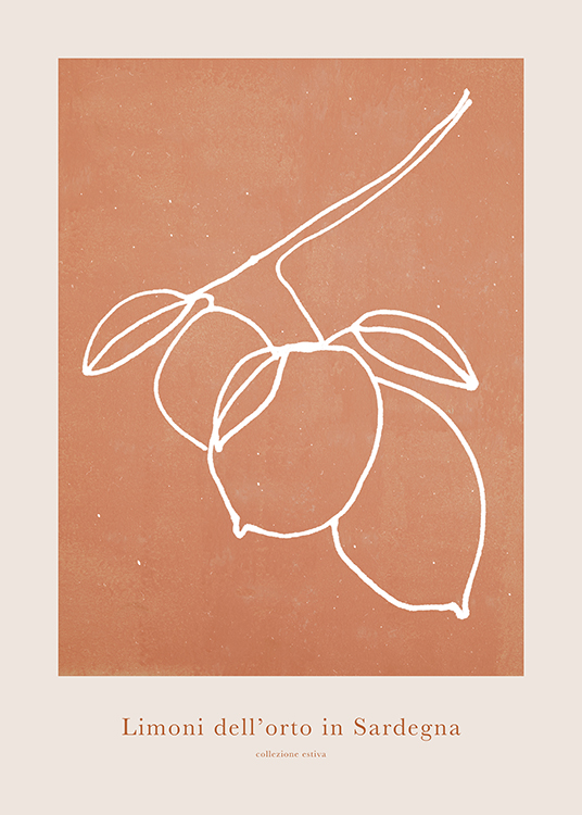  – Illustration a white branch with lemons against an orange and light beige background with text underneath