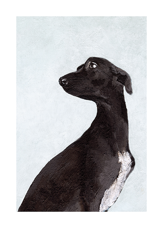  – Painting with a hand painted black dog on a light blue-grey background