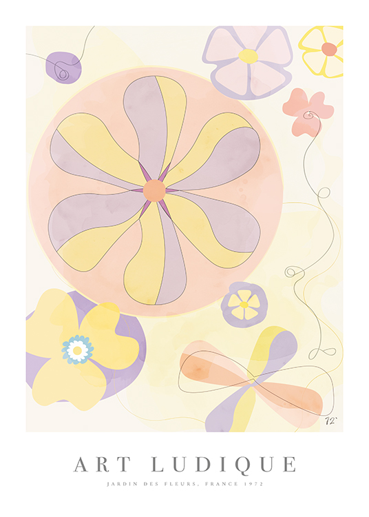  – Illustration with pink, purple and yellow abstract flowers against a light background