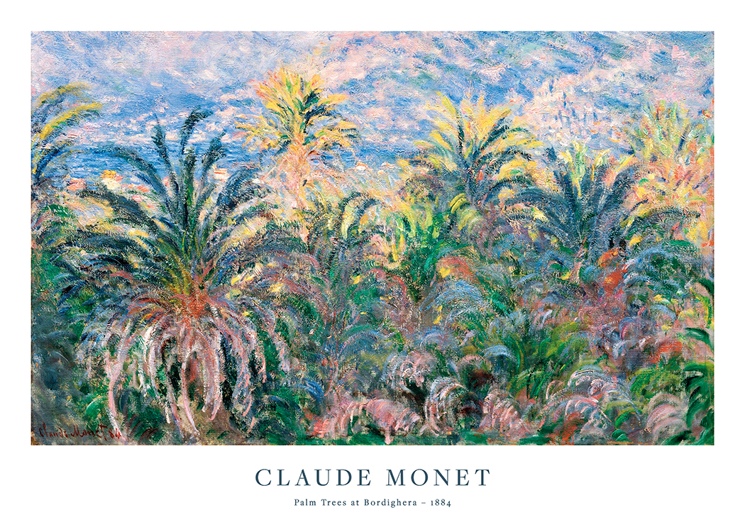  – Painting by Monet with colorful, abstract palm trees and a blue and pink sky in the background
