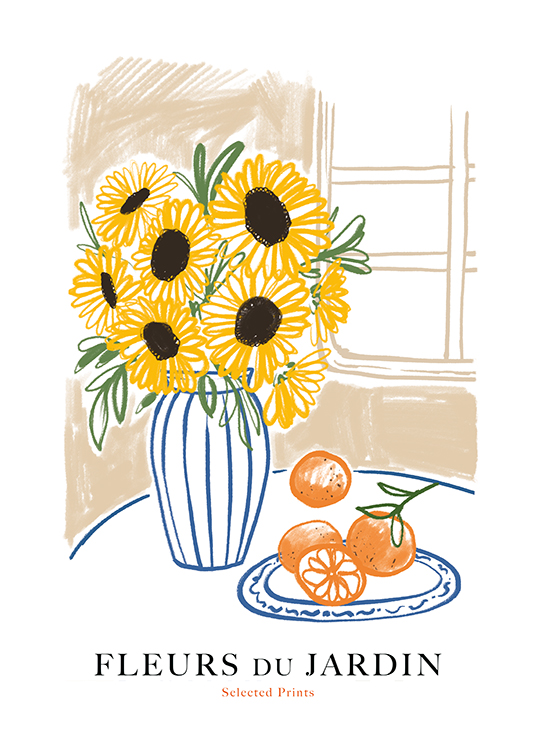  – Illustration of a vase with sunflowers and oranges next to it, with text underneath