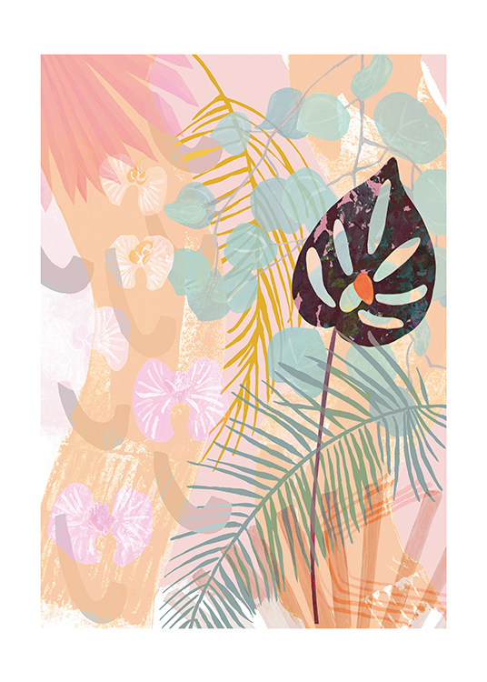  – Illustration with colorful, tropical leaves on a background in various pastel colors