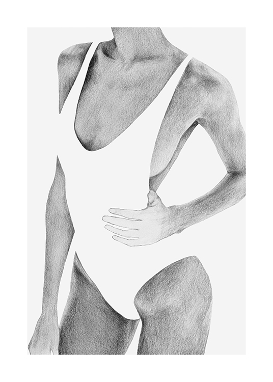  – A black and white image of a woman in a white swimming costume