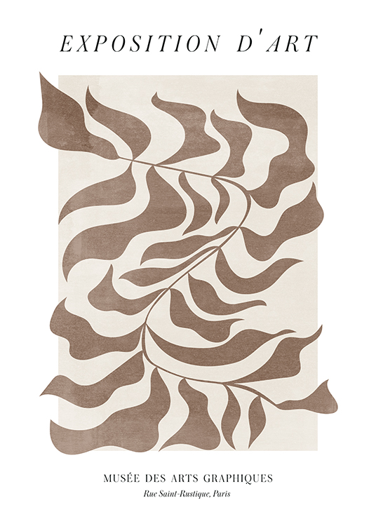  – Illustration with an abstract leaf pattern in brown with text at the top and bottom