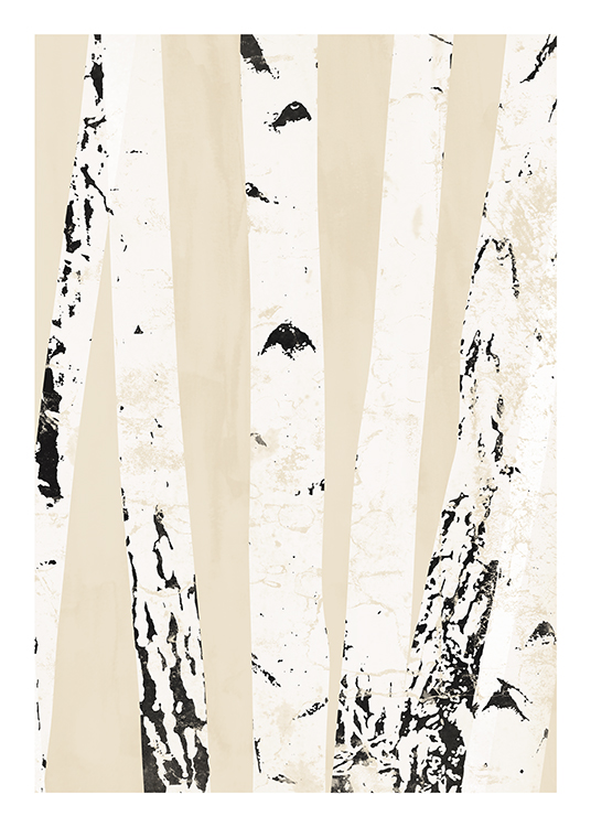  – Illustration of a group of birch stems in white and black against a beige background