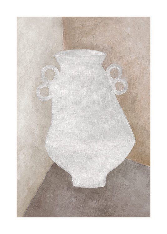  – Painting of a vase in white with handles on the sides, against a beige and brown background
