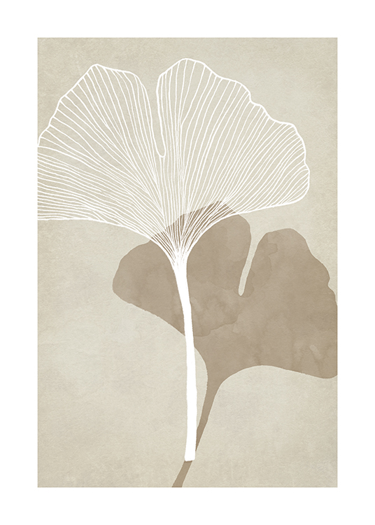  – Illustration in watercolor of white and beige ginkgo leaves on a light grey-beige background